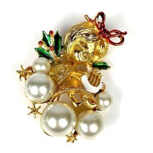 COREL Vintage Gold Christmas Enamel Angel Cherub Gilt Brooch Pin Pearls